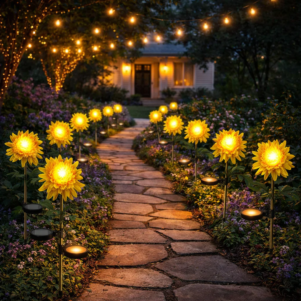 Set 2 lampi solare model floare Crizantema, pentru gradina iluminare decorativa exterior, inaltime 80 cm [3]