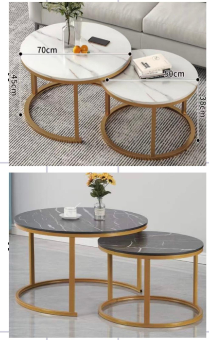 Set 2 Masute de Cafea Rotunde, Design Modern, Imitatie Marmura/Lemn, Picioare Metalice, pentru Living, Dormitor, Balcon [6]