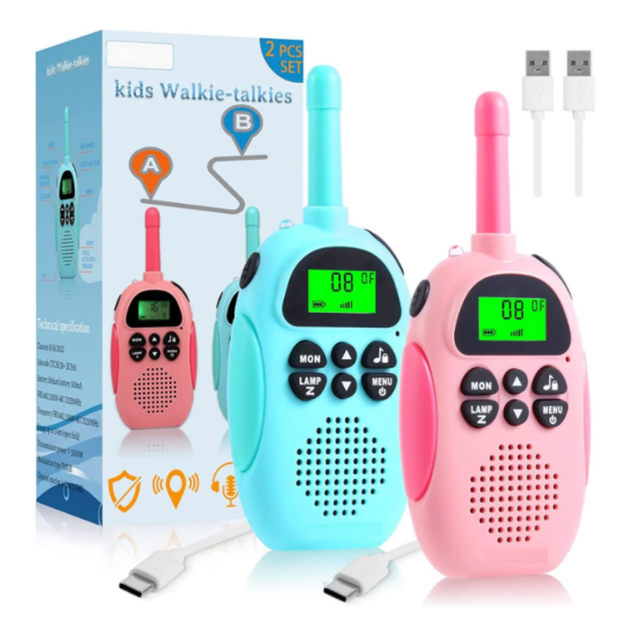 Set 2 statii Walkie Talkie pentru copii, Antena si Lanterna, functia VOX, Varsta Recomandata +3 ani, albastru si roz [1]