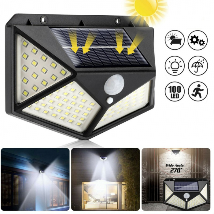 Set 2 x Proiector Solar 120 LED cu Senzor de Miscare + Cadou Lampa 100 LED [10]