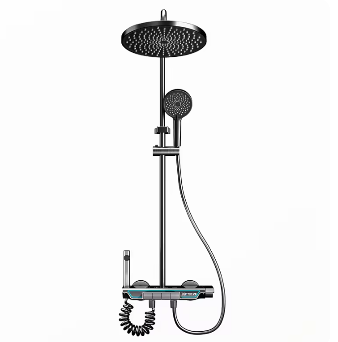 Set Baterie de Dus cu Termostat, afisaj digital, lumina LED ambientala, 4 functii, taste de pian, cap dus dreptunghiular, efect de ploaie, inaltime reglabila [6]