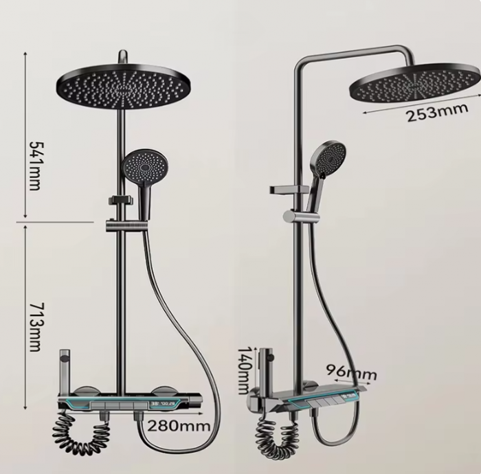 Set Baterie de Dus cu Termostat, afisaj digital, lumina LED ambientala, 4 functii, taste de pian, cap dus dreptunghiular, efect de ploaie, inaltime reglabila [8]