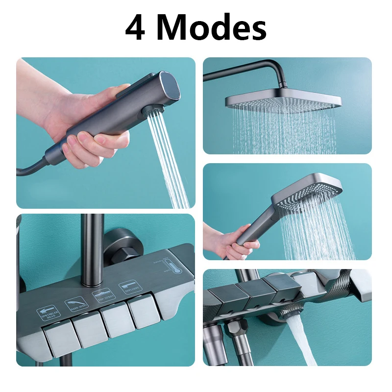 Set Baterie si Coloana de dus tip ploaie, 4 moduri de curgere a apei, Crom Satinat [4]