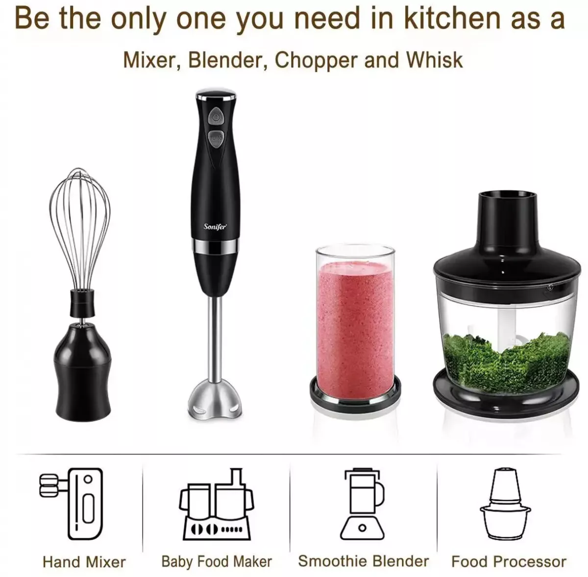 Set Blender 3 in 1 Sonifer SF-8044 cu putere 500W, Mixer vertical, functie Turbo, Multifunctional, alb [6]