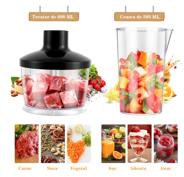 Set Blender de Mana 4 in 1, Functie Turbo, 9 viteze, Cana 500 ml, Tocator 600 ml, 1200W [6]