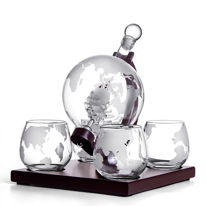 Set Cadou Decantor Glob Pamantesc Premium,cu 4 pahare si suport de lemn [12]
