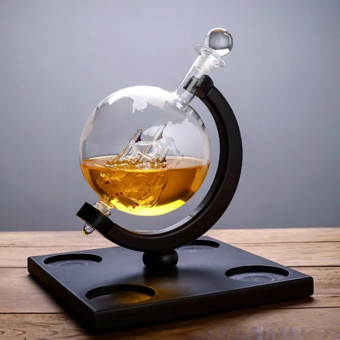 Set Cadou Decantor Glob Pamantesc Premium,cu 4 pahare si suport de lemn [9]