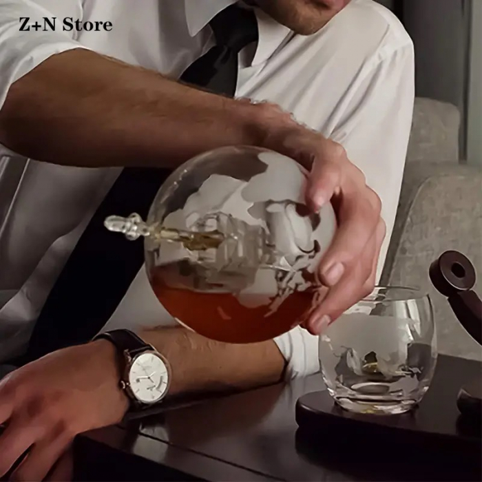 Set Cadou Decantor Glob Pamantesc Premium,cu 4 pahare si suport de lemn [6]