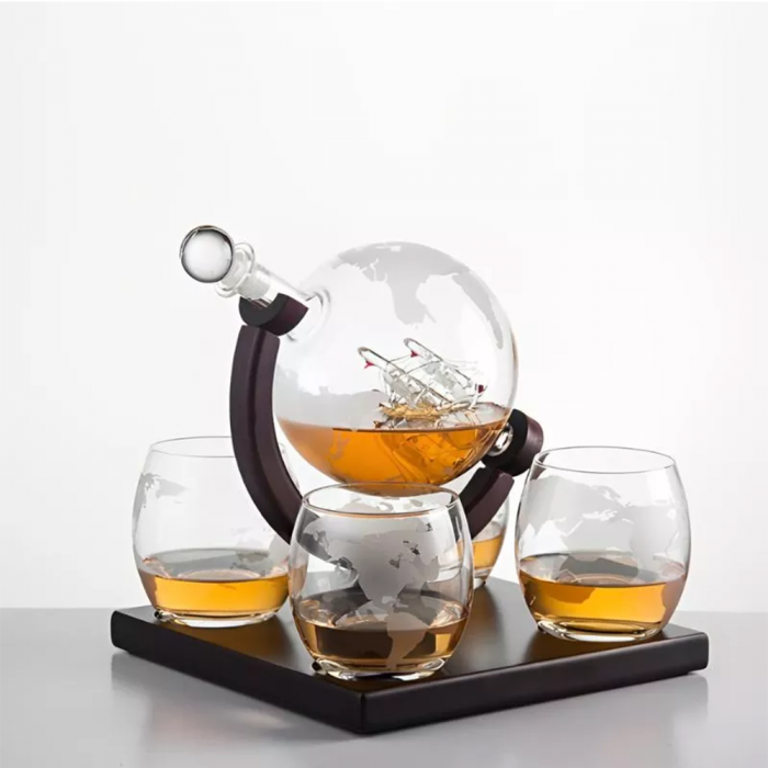 Set Cadou Decantor Glob Pamantesc Premium,cu 4 pahare si suport de lemn [3]