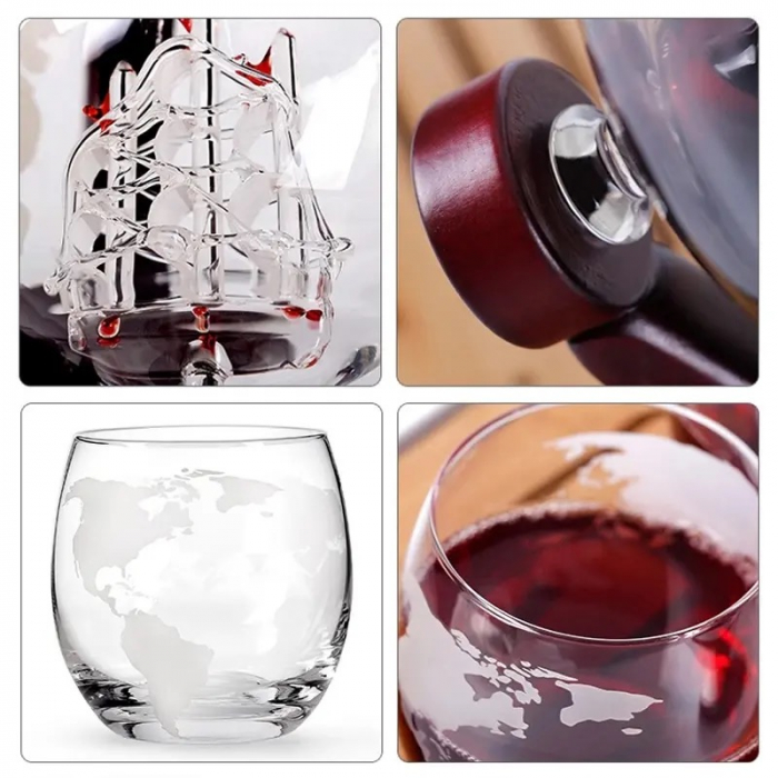 Set Cadou Decantor Glob Pamantesc Premium,cu 4 pahare si suport de lemn [5]