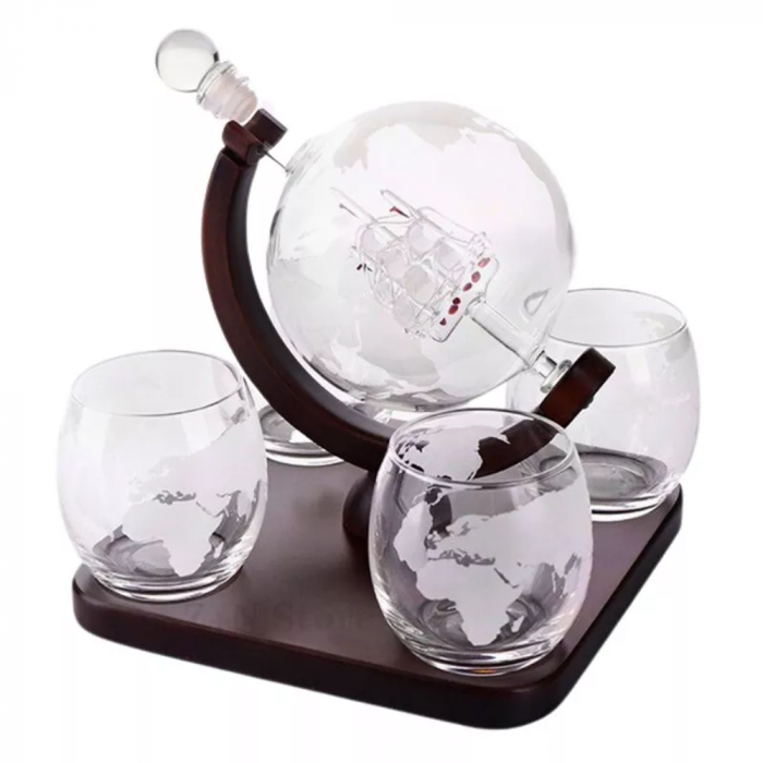 Set Cadou Decantor Glob Pamantesc Premium,cu 4 pahare si suport de lemn [13]