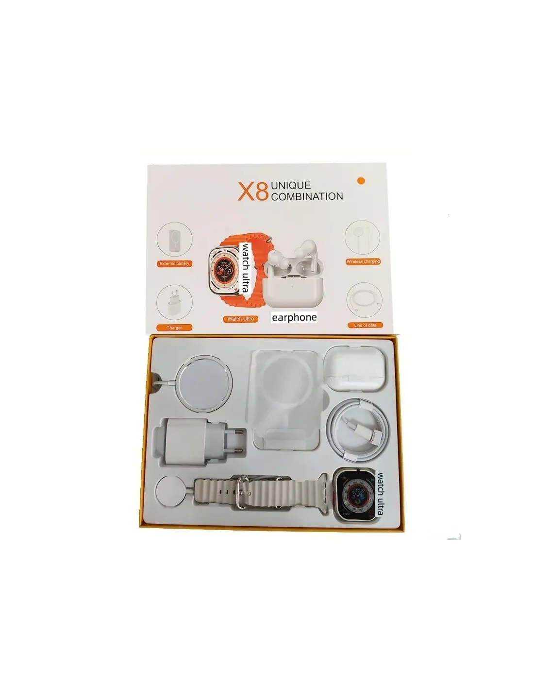 Set Ceas SmartWatch X8, Casti Wireless, Incarcator Wireless, Conectivitate Android/Ios, silicon, portocaliu, 8 accesorii, [4]