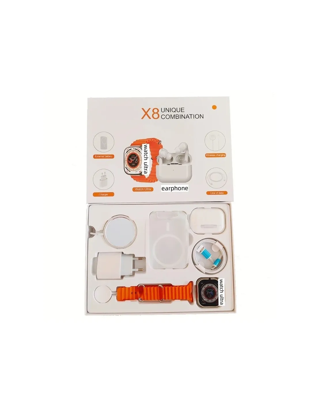 Set Ceas SmartWatch X8, Casti Wireless, Incarcator Wireless, Conectivitate Android/Ios, silicon, portocaliu, 8 accesorii, [5]