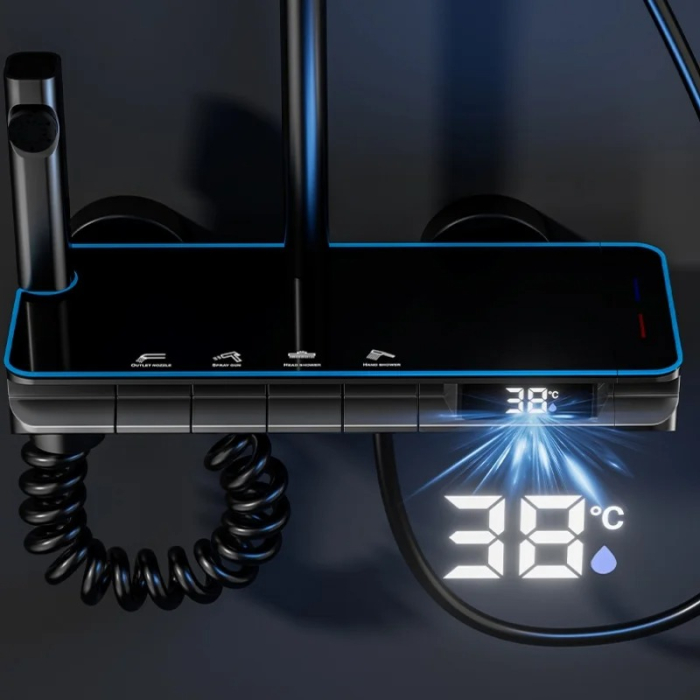 Set Coloana Baterie Dus cu Afisaj Electronic si Lumini LED, 4 Moduri de Curgere a apei, Premium, Negru cu Gri [3]