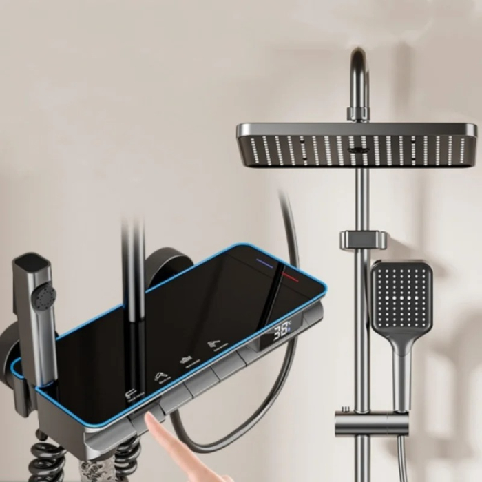 Set Coloana Baterie Dus cu Afisaj Electronic si Lumini LED, 4 Moduri de Curgere a apei, Premium, Negru cu Gri [1]