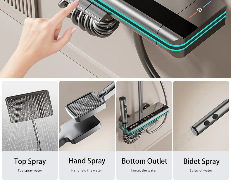 Set Coloana Baterie Dus cu Afisaj Electronic si Lumini LED, 4 tipuri de Curgere a apei, Premium, Gri [9]