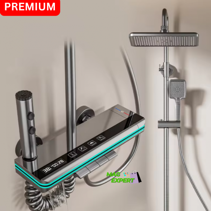 Set Coloana Baterie Dus cu Afisaj Electronic si Lumini LED, 4 tipuri de Curgere a apei, Premium, Gri [1]