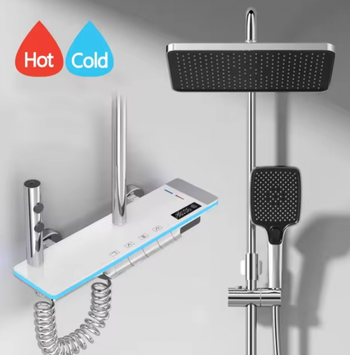 Set Coloana Baterie Dus cu Afisaj Electronic si Lumini LED, 4 tipuri de Curgere a apei, Premium, Gri [13]