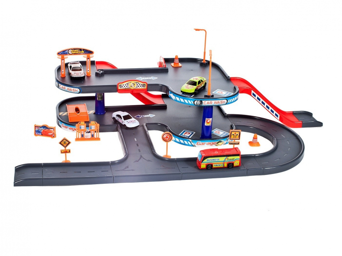 Set de Joaca complex cu sosele si pod pentru masinute, Include 3 masini, autobuz, Spalatorie, Benzinarie, Statie de reparatii [2]
