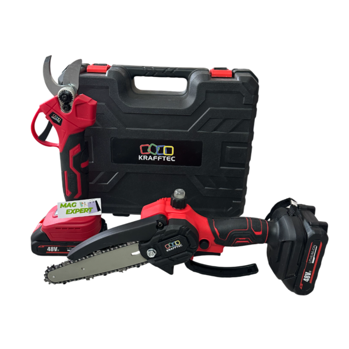 Set Foarfeca + MiniDrujba cu Sistem Ungere Lant, cu 2 Acumulatori 48V 6AH, Trusa Depozitare Inclusa [4]