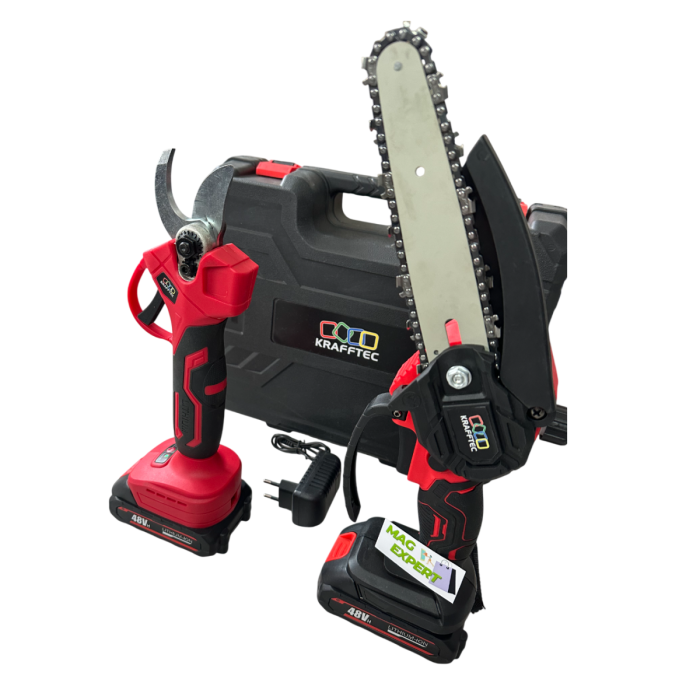 Set Foarfeca + MiniDrujba cu Sistem Ungere Lant, cu 2 Acumulatori 48V 6AH, Trusa Depozitare Inclusa [2]