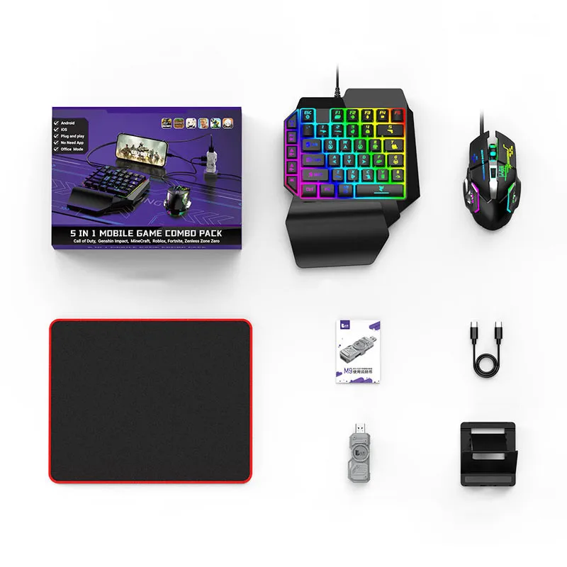 Set Gaming 5 in 1 Plug And Play pentru Jocuri Mobile si PC: Tastatura RGB, mouse DPI ajustabil, converter Bluetooth compatibil Android/IOS [15]