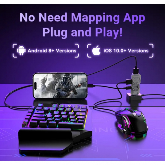 Set Gaming 5 in 1 Plug And Play pentru Jocuri Mobile si PC: Tastatura RGB, mouse DPI ajustabil, converter Bluetooth compatibil Android/IOS [10]