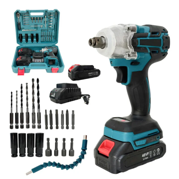 Set Masina de insurubat cu Impact cu 2 Acumulatori 48V + 40 Accesorii si Trusa chei tubulare cu clichet 40 piese [15]
