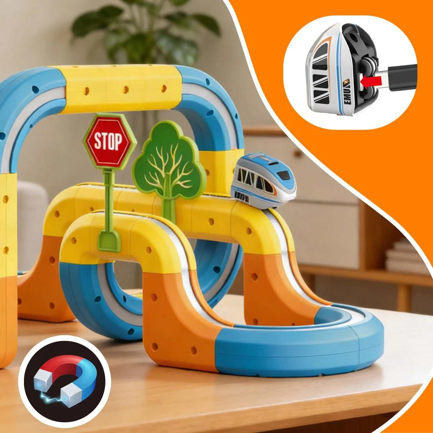 Set trenulet electric cu pistă modulara si accesorii, circuit feroviar educativ pentru copii, 55 piese [4]