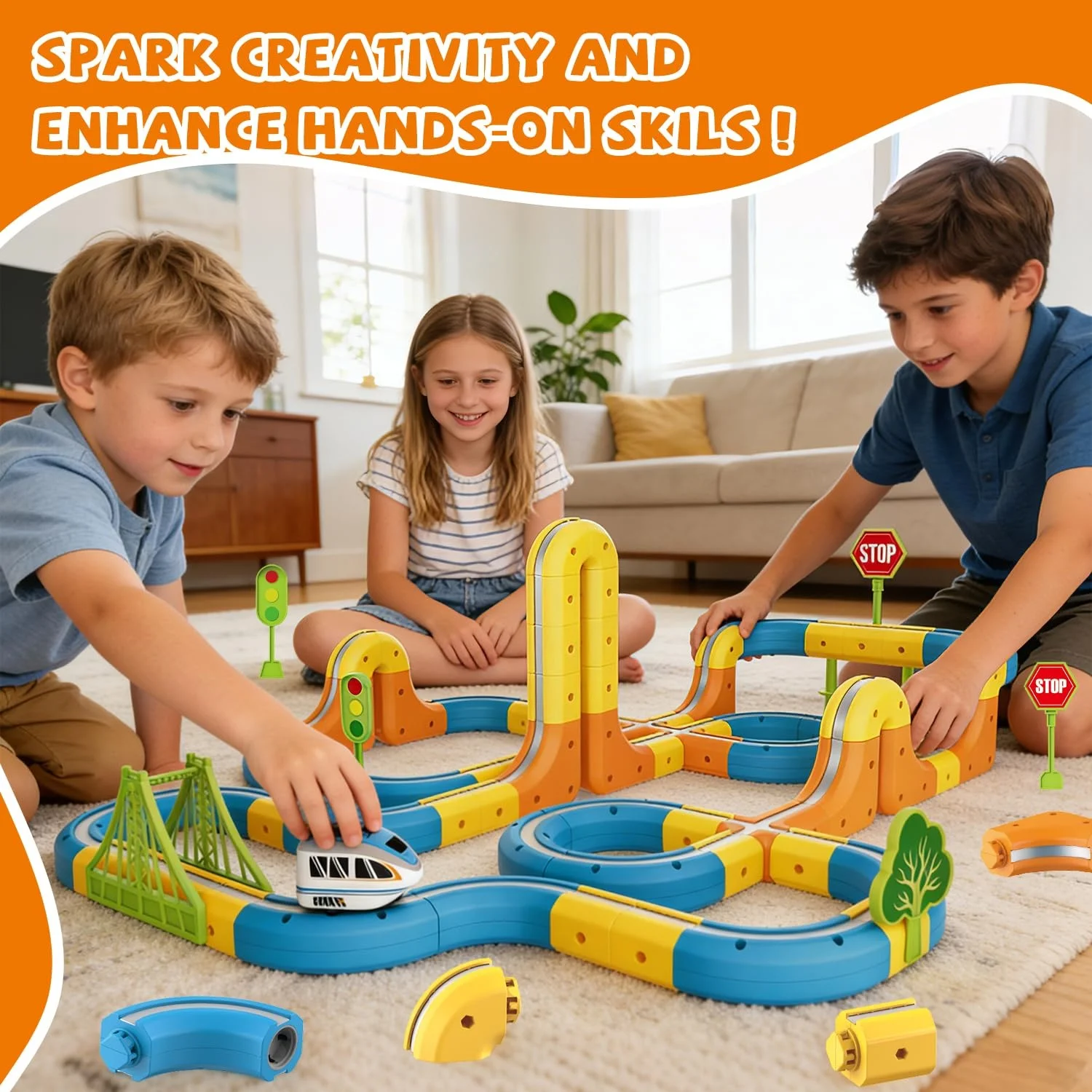 Set trenulet electric cu pistă modulara si accesorii, circuit feroviar educativ pentru copii, 55 piese [6]