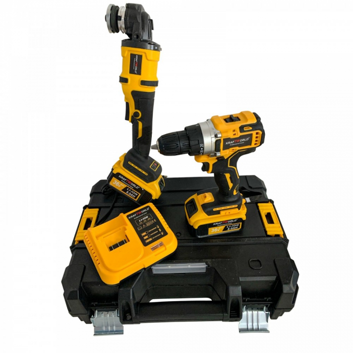 Set Trusa KraftWorld Masina de Gaurit si Insurubat + Polizor Unghiular / Flex cu 2 Acumulatori de 36V 8AH [1]