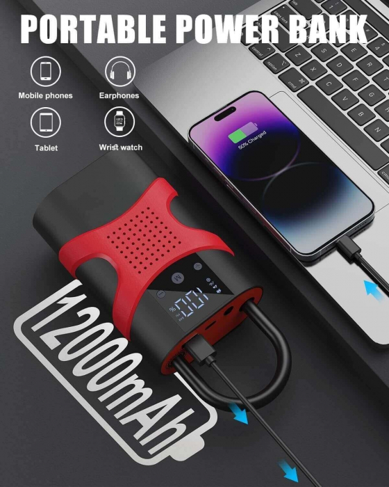 Starter auto multifunctional, portabil, 12000mAh powerbank, cu compresor, USB, afisaj LCD, lanterna, pornire auto [5]