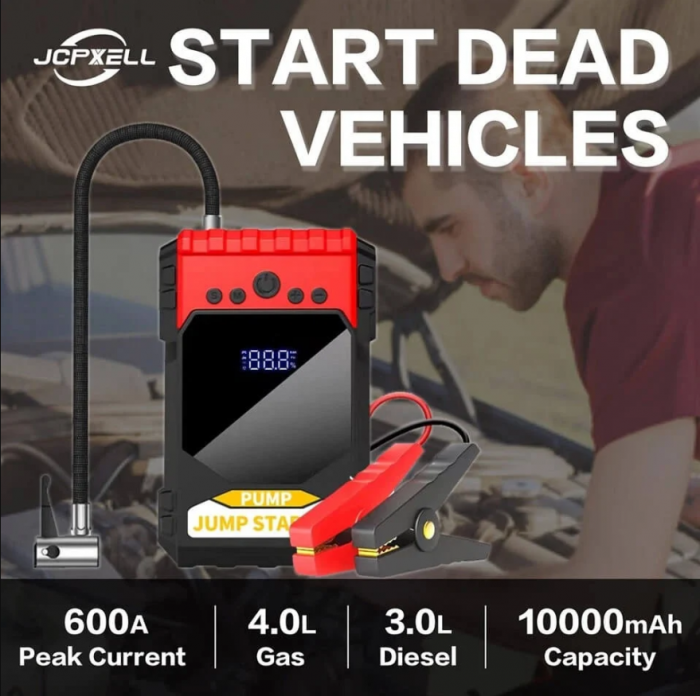 Starter auto profesional, multifunctional, portabil, 10000mAh powerbank, cu compresor, USB, afisaj LCD [2]