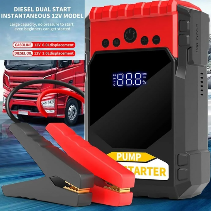 Starter auto profesional, multifunctional, portabil, 10000mAh powerbank, cu compresor, USB, afisaj LCD [3]