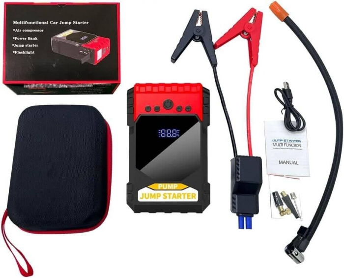 Starter auto profesional, multifunctional, portabil, 10000mAh powerbank, cu compresor, USB, afisaj LCD [10]