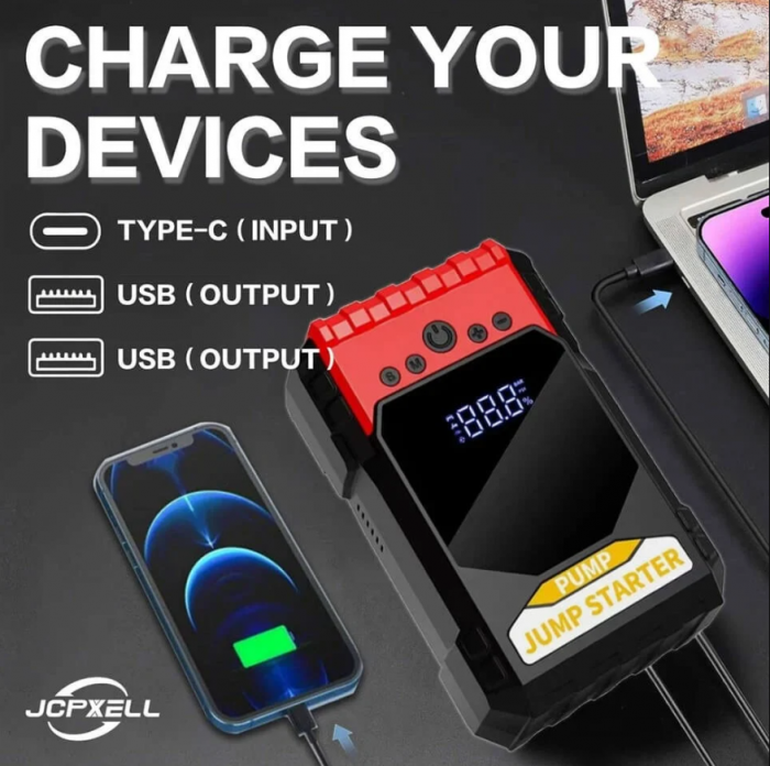 Starter auto profesional, multifunctional, portabil, 10000mAh powerbank, cu compresor, USB, afisaj LCD [5]