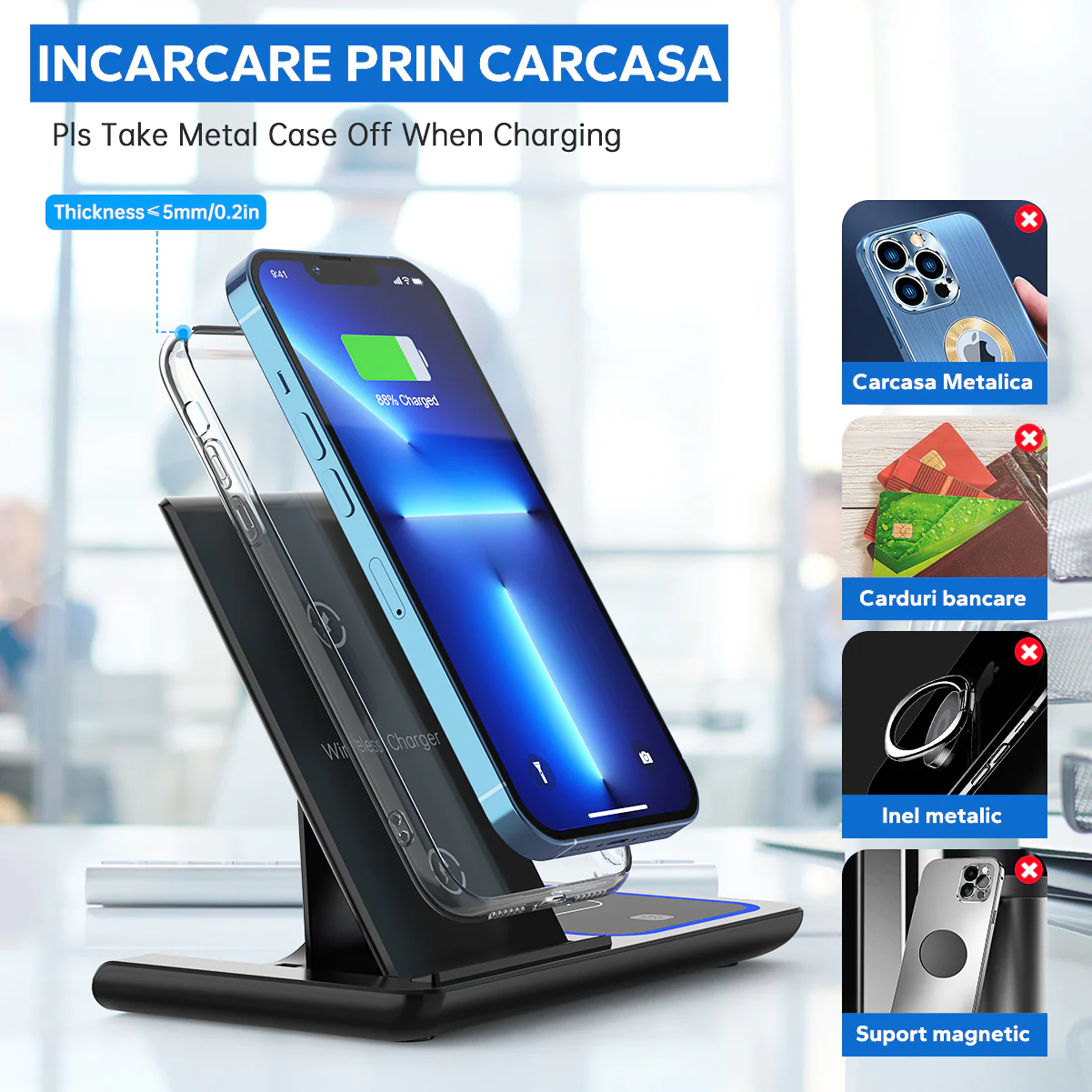 Statie Incarcare rapida 3 in 1 Qi, Fast Charger 15W, Compatibila cu iPhone, Airpods, Apple Watch [2]
