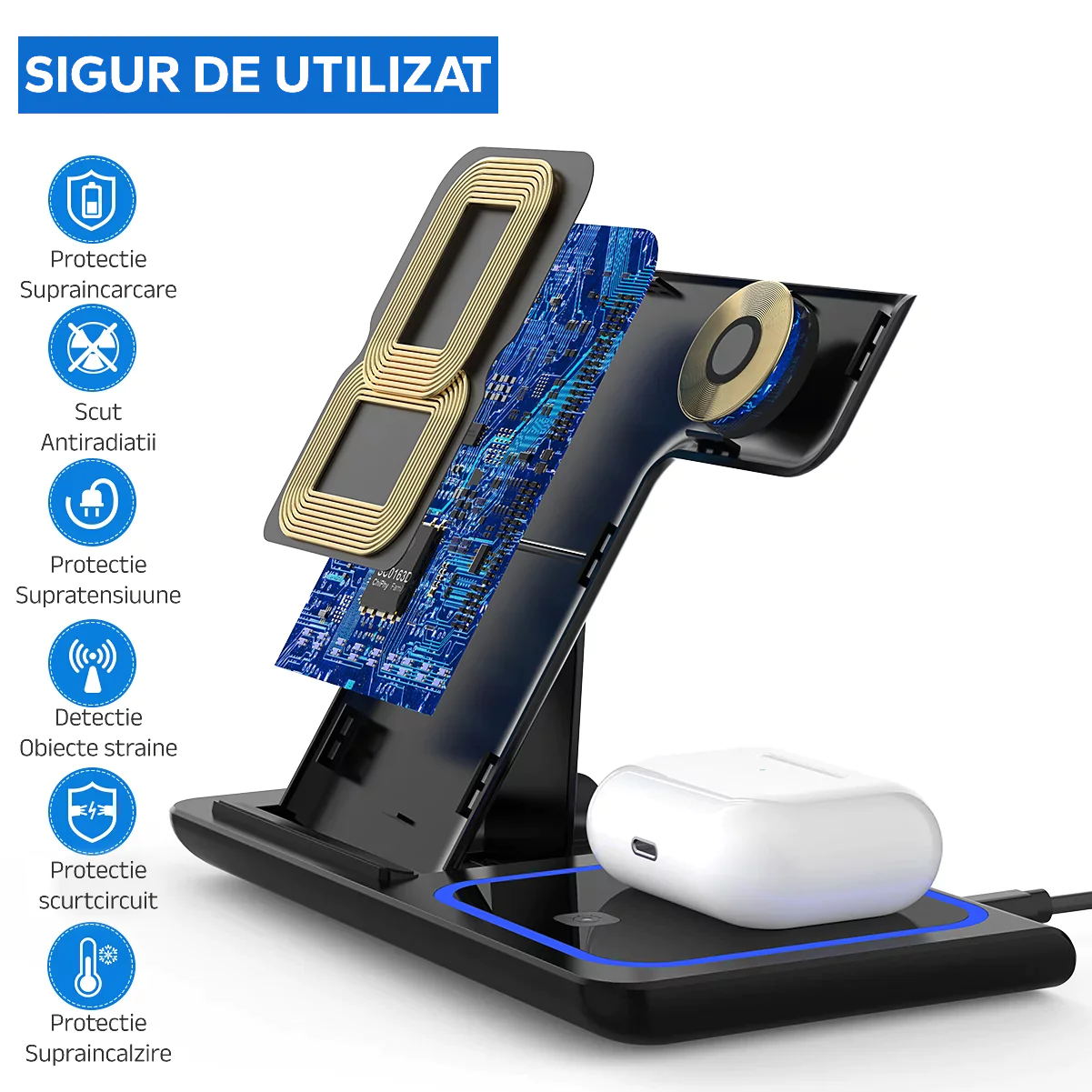 Statie Incarcare rapida 3 in 1 Qi, Fast Charger 15W, Compatibila cu iPhone, Airpods, Apple Watch [5]