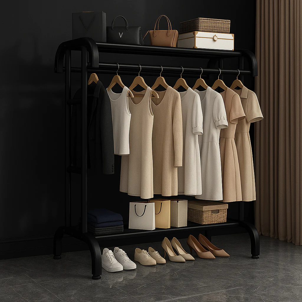 Suport dublu de Umerase pentru Haine, plus suport de pantofi, din metal, bare groase - 35KG greutate maxima, 150x120x48cm [4]