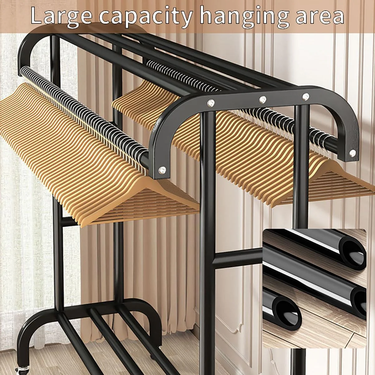 Suport dublu de Umerase pentru Haine, plus suport de pantofi, din metal, bare groase - 35KG greutate maxima, 150x120x48cm [3]