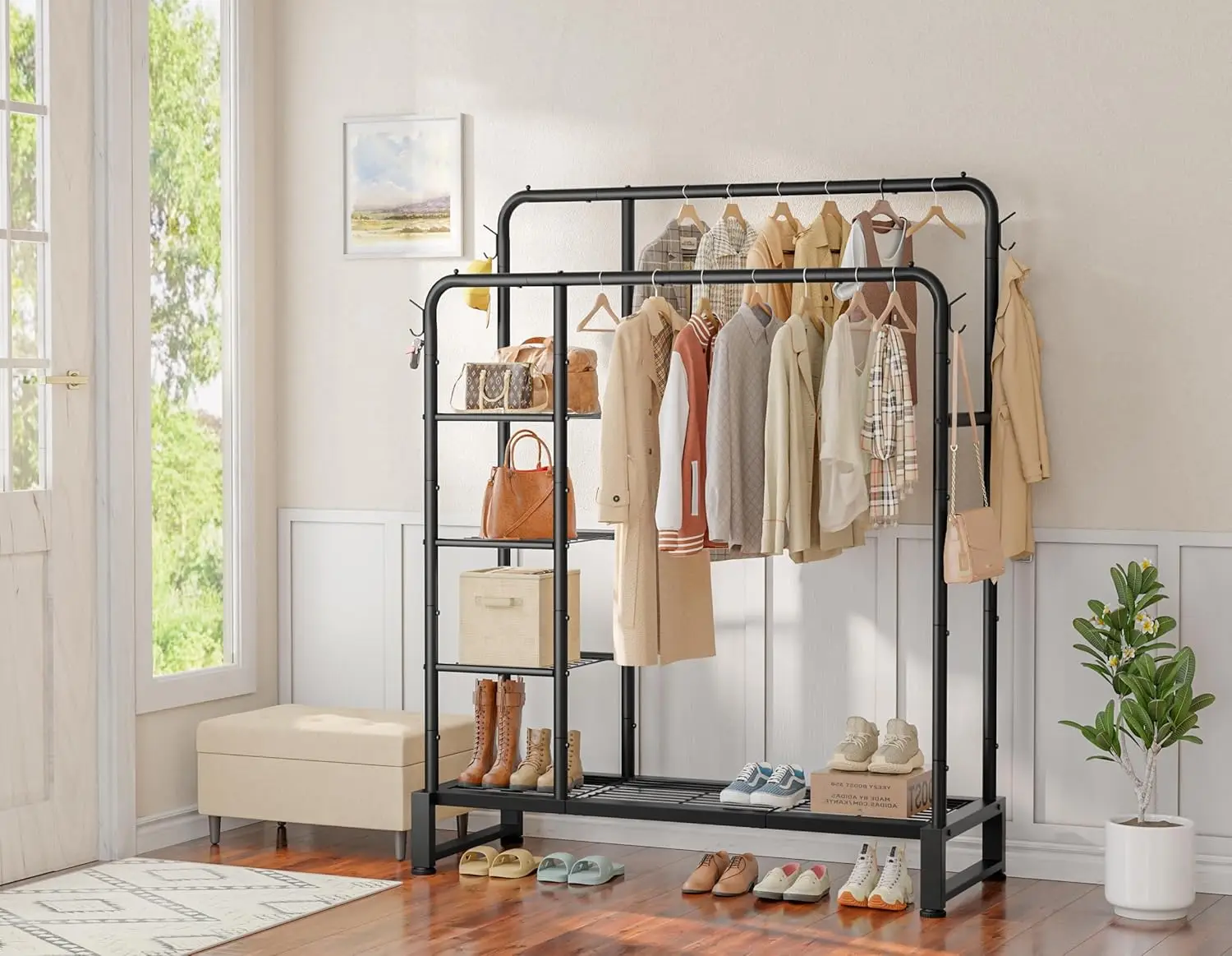 Suport haine dublu metalic cu rafturi si suport pantofi, 159x159x40 cm, organizator garderoba si umerase, negru, capacitate mare [4]
