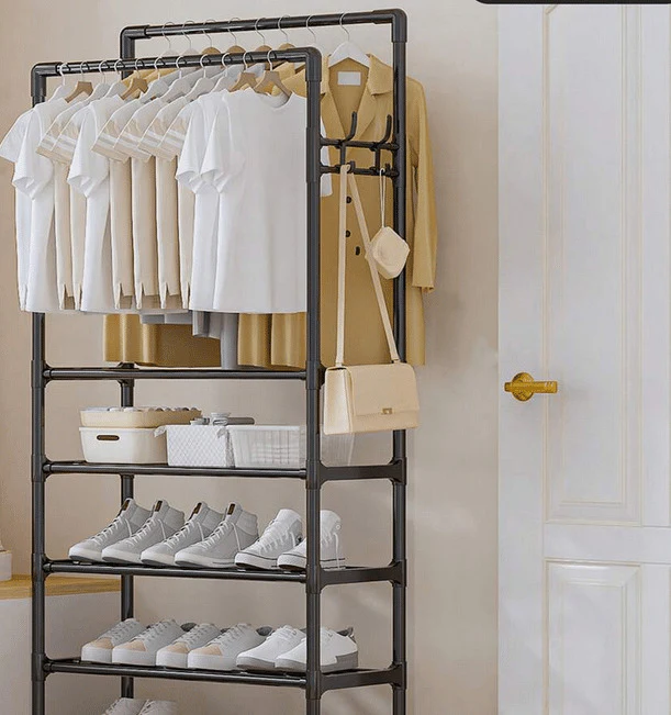 Suport haine multifunctional cu 5 rafturi si bara umerase, cu roti, 185x56x30 cm, organizator haine si depozitare [2]