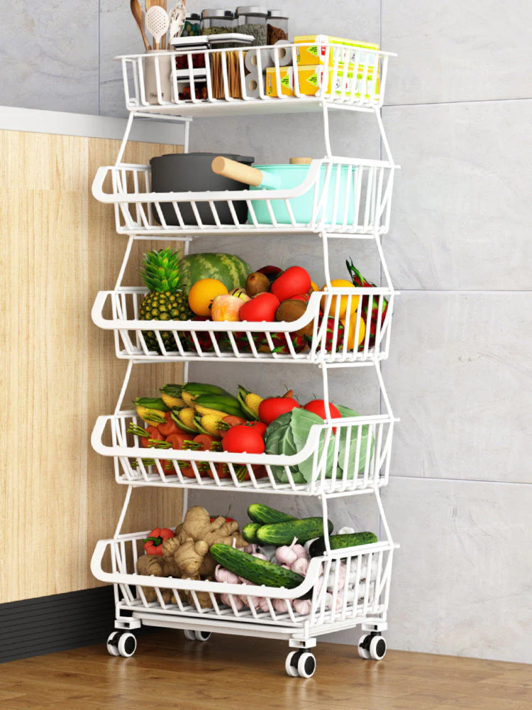 Suport organizator cu roti si 5 etaje pentru fructe si legume, metalic, pentru bucatarie [4]