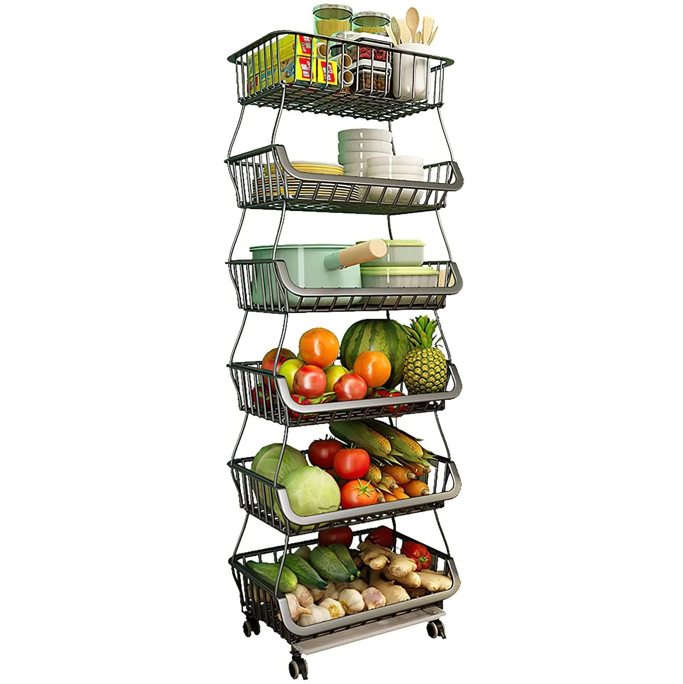 Suport organizator cu roti si 5 etaje pentru fructe si legume, metalic, pentru bucatarie [5]