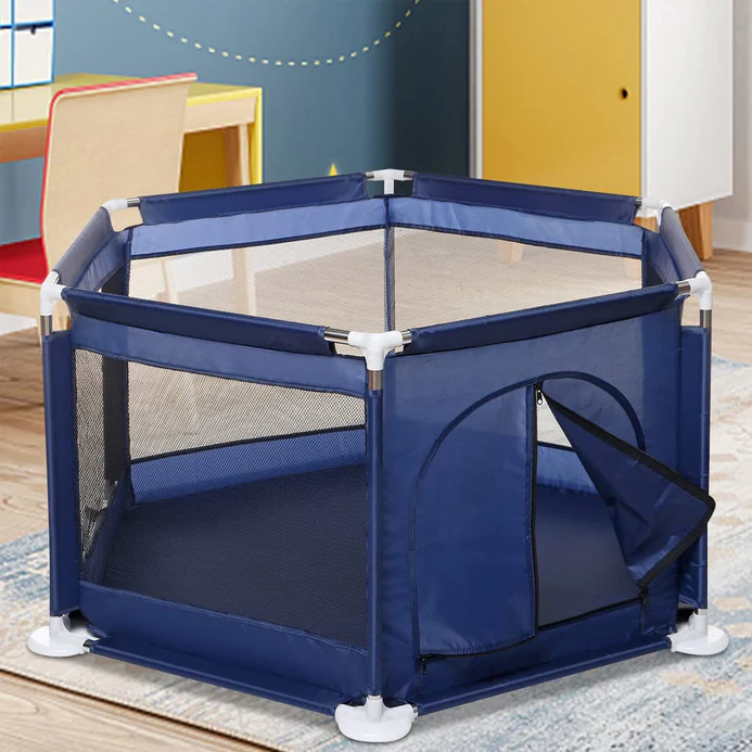 Tarc de joaca pentru copii, Design Spatios si Sigur, Plasa de Protectie, Usa cu Fermoar, 128x113x65cm, Albastru [6]