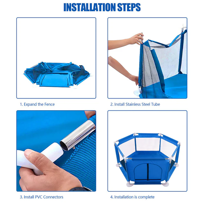 Tarc de joaca pentru copii, Design Spatios si Sigur, Plasa de Protectie, Usa cu Fermoar, 128x113x65cm, Albastru [10]