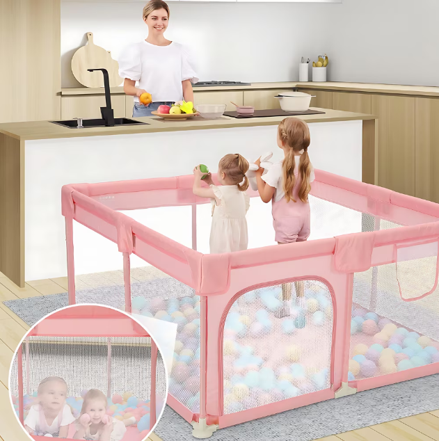 Tarc de Joaca Premium pentru Copii, Design Spatios si Sigur, Plasa de Protectie, Usa cu Fermoar, 130x130x60cm, Verde/Gri/Roz [10]