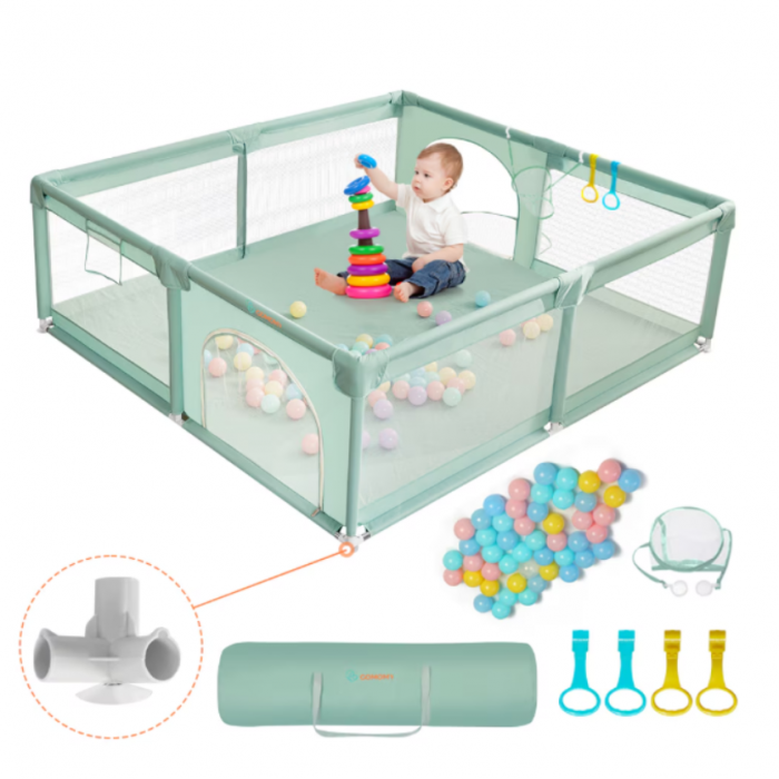 Tarc de Joaca Premium pentru Copii, Design Spatios si Sigur, Plasa de Protectie, Usa cu Fermoar, 130x130x60cm, Verde/Gri/Roz [11]