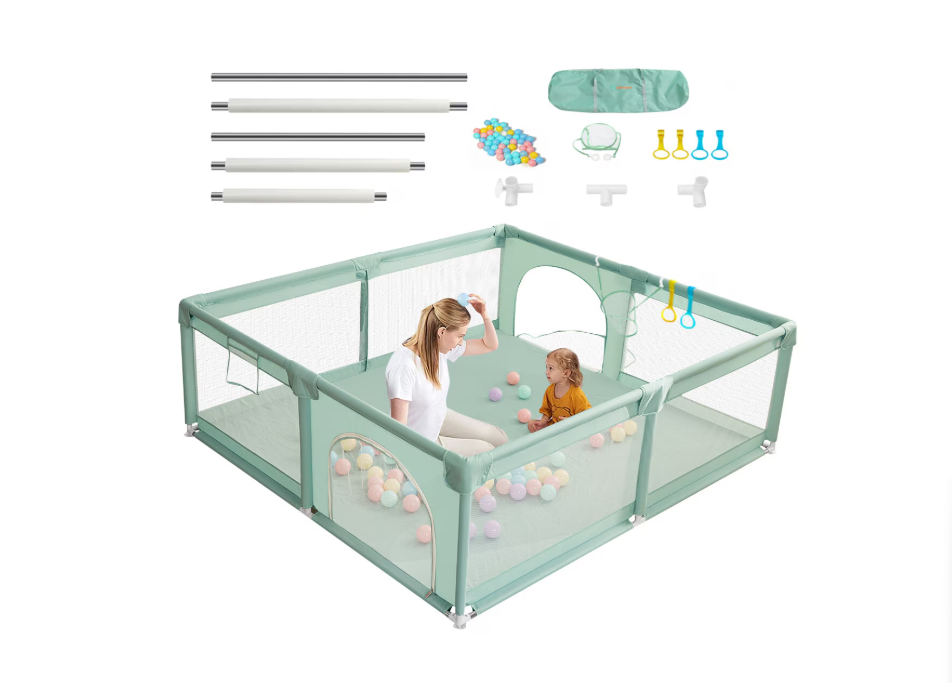 Tarc de Joaca Premium pentru Copii, Design Spatios si Sigur, Plasa de Protectie, Usa cu Fermoar, 130x130x60cm, Verde/Gri/Roz [14]