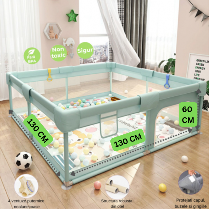 Tarc de Joaca Premium pentru Copii, Design Spatios si Sigur, Plasa de Protectie, Usa cu Fermoar, 130x130x60cm, Verde/Gri/Roz [5]